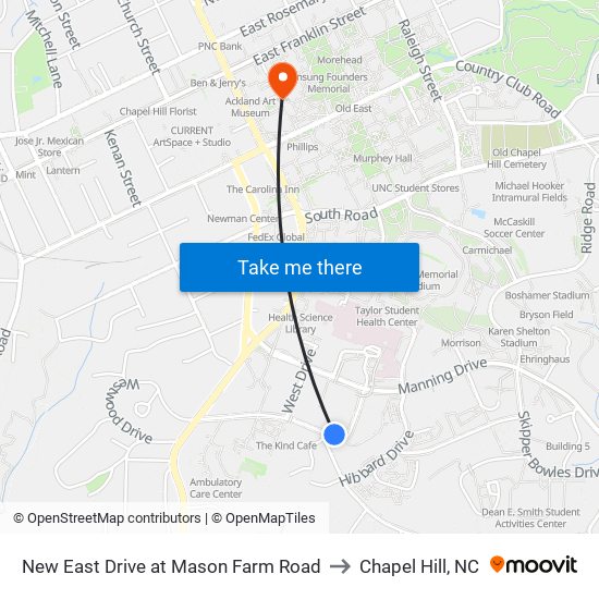 New East Drive at Mason Farm Road to Chapel Hill, NC map