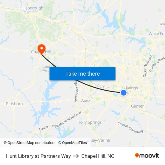 Hunt Library at Partners Way to Chapel Hill, NC map