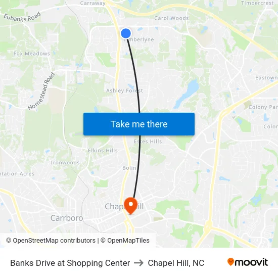 Banks Drive at Shopping Center to Chapel Hill, NC map