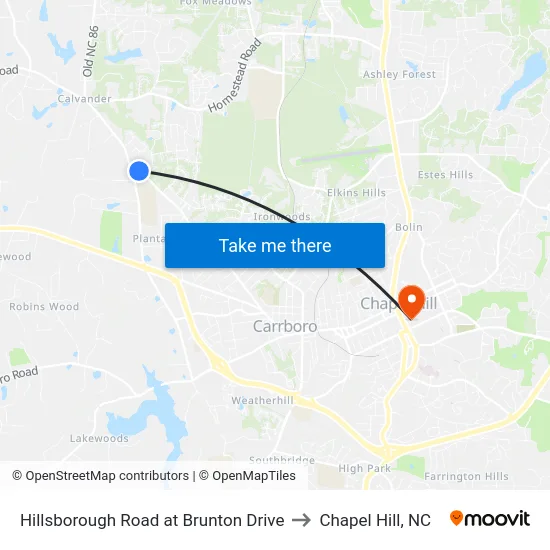 Hillsborough Road at Brunton Drive to Chapel Hill, NC map