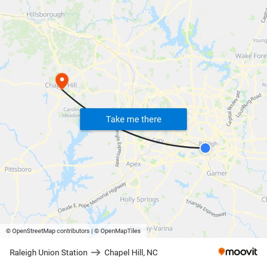 Raleigh Union Station to Chapel Hill, NC map