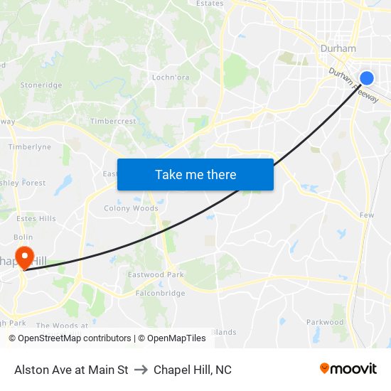 Alston Ave at Main St to Chapel Hill, NC map