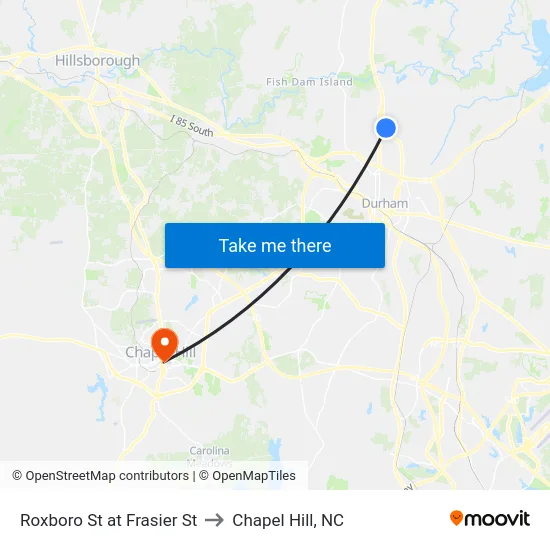 Roxboro St at Frasier St to Chapel Hill, NC map