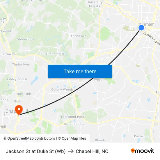 Jackson St at Duke St (Wb) to Chapel Hill, NC map