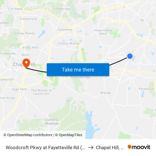 Woodcroft Pkwy at Fayetteville Rd (Wb) to Chapel Hill, NC map