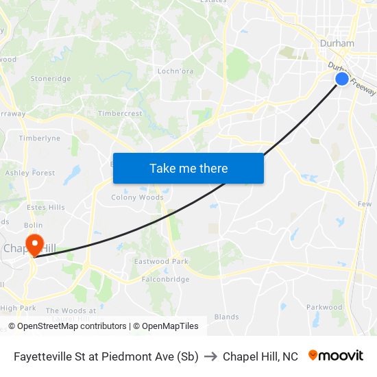 Fayetteville St at Piedmont Ave (Sb) to Chapel Hill, NC map