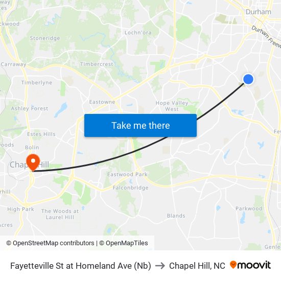 Fayetteville St at Homeland Ave (Nb) to Chapel Hill, NC map