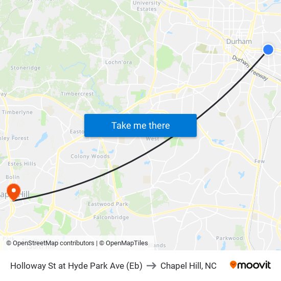 Holloway St at Hyde Park Ave (Eb) to Chapel Hill, NC map