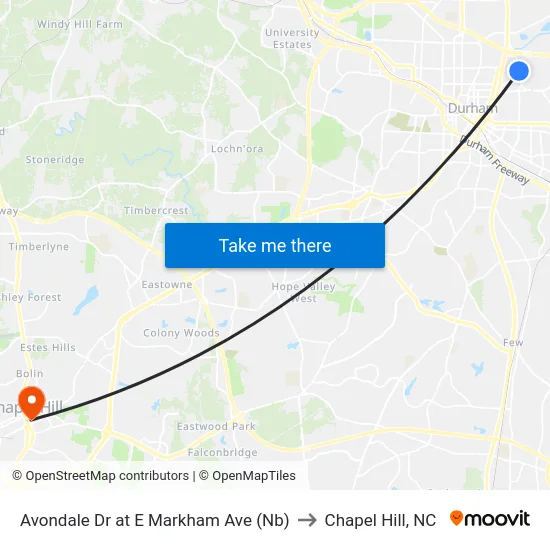 Avondale Dr at E Markham Ave (Nb) to Chapel Hill, NC map