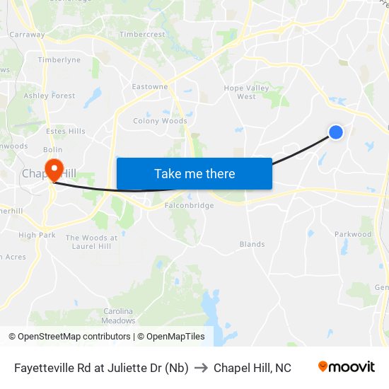 Fayetteville Rd at Juliette Dr (Nb) to Chapel Hill, NC map