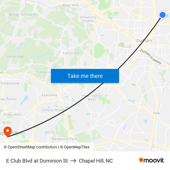 E Club Blvd at Dominion St to Chapel Hill, NC map