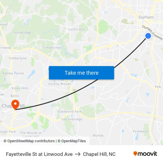 Fayetteville St at Linwood Ave to Chapel Hill, NC map