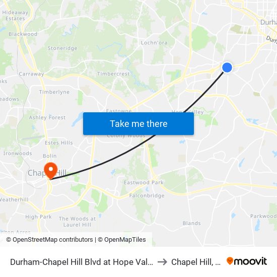 Durham-Chapel Hill Blvd at Hope Valley R to Chapel Hill, NC map