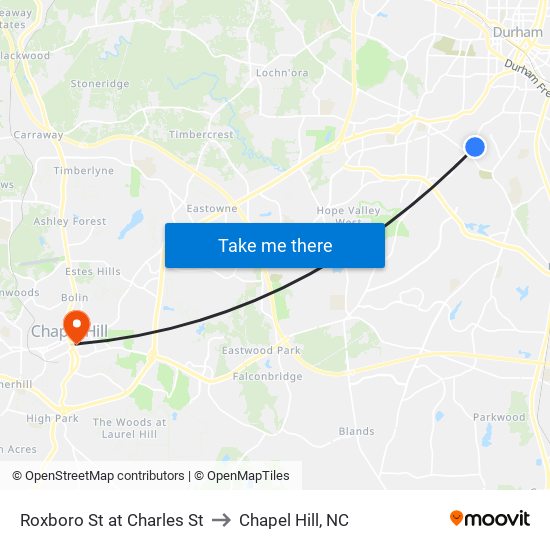 Roxboro St at Charles St to Chapel Hill, NC map