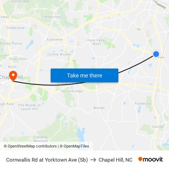 Cornwallis Rd at Yorktown Ave (Sb) to Chapel Hill, NC map