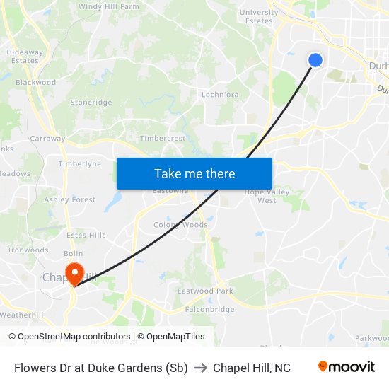 Flowers Dr at Duke Gardens (Sb) to Chapel Hill, NC map