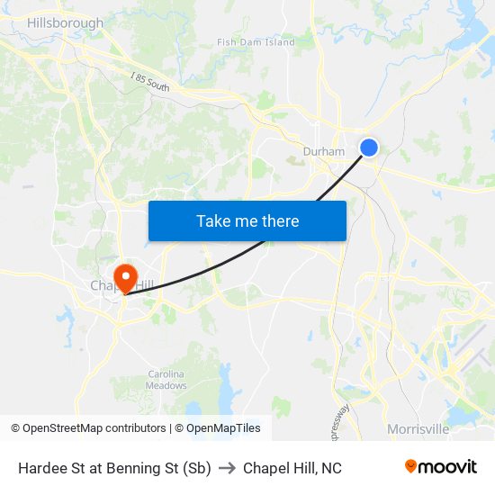 Hardee St at Benning St (Sb) to Chapel Hill, NC map