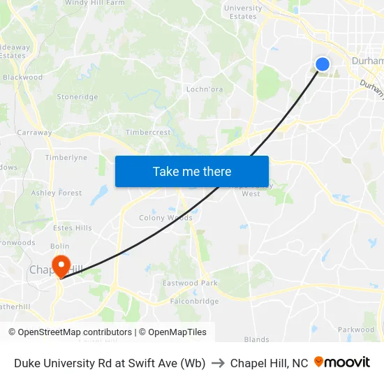 Duke University Rd at Swift Ave (Wb) to Chapel Hill, NC map