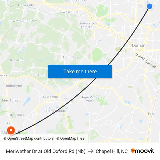 Meriwether Dr at Old Oxford Rd (Nb) to Chapel Hill, NC map