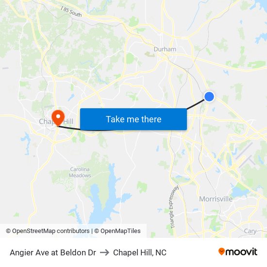 Angier Ave at Beldon Dr to Chapel Hill, NC map