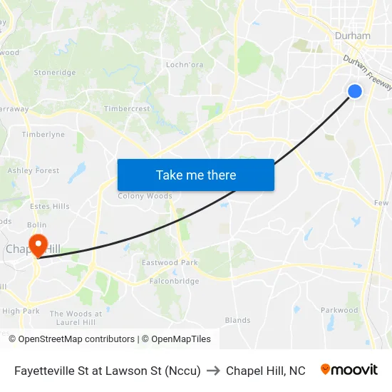 Fayetteville St at Lawson St (Nccu) to Chapel Hill, NC map