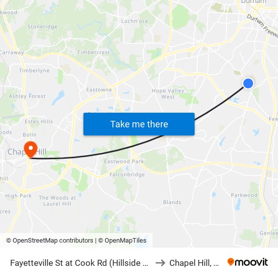 Fayetteville St at Cook Rd (Hillside Hs) to Chapel Hill, NC map