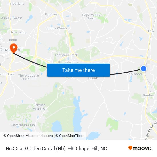 Nc 55 at Golden Corral (Nb) to Chapel Hill, NC map