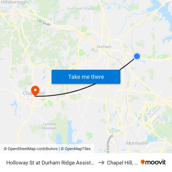 Holloway St at Durham Ridge Assisted Liv to Chapel Hill, NC map
