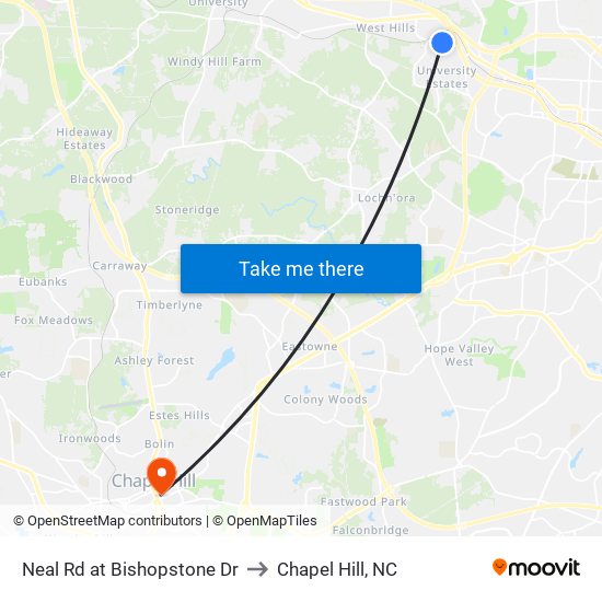 Neal Rd at Bishopstone Dr to Chapel Hill, NC map