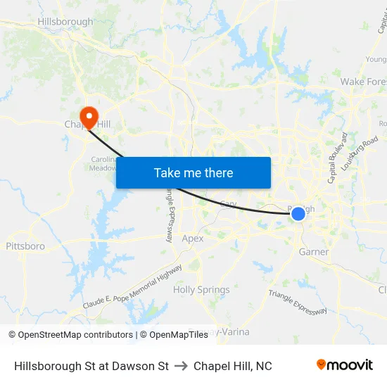 Hillsborough St at Dawson St to Chapel Hill, NC map