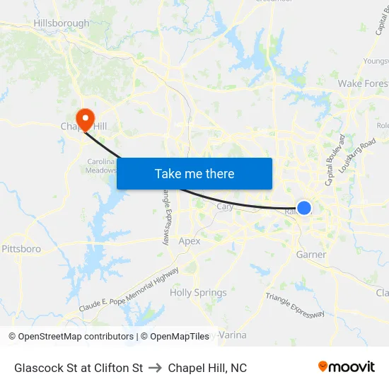 Glascock St at Clifton St to Chapel Hill, NC map