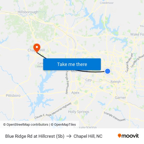 Blue Ridge Rd at Hillcrest (Sb) to Chapel Hill, NC map