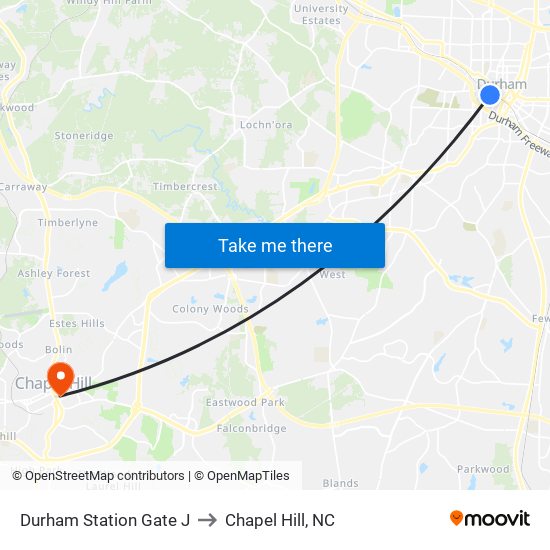 Durham Station Gate J to Chapel Hill, NC map