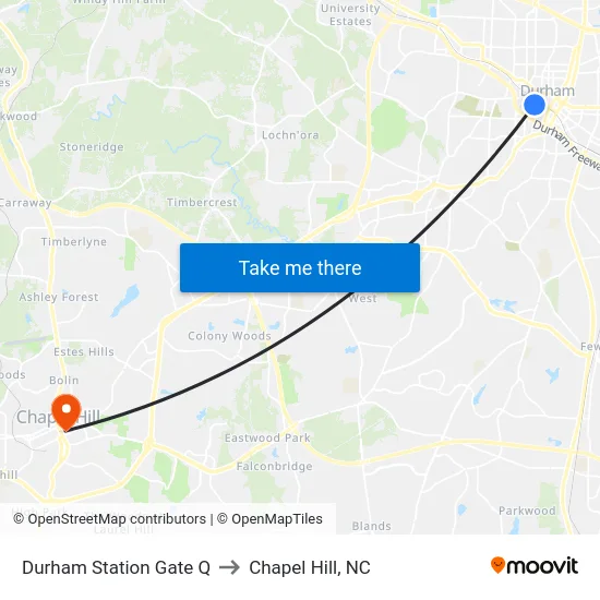 Durham Station Gate Q to Chapel Hill, NC map