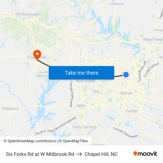Six Forks Rd at W Millbrook Rd to Chapel Hill, NC map