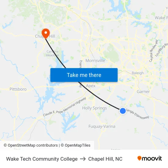 Wake Tech Community College to Chapel Hill, NC map