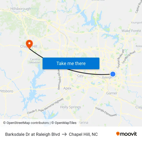 Barksdale Dr at Raleigh Blvd to Chapel Hill, NC map