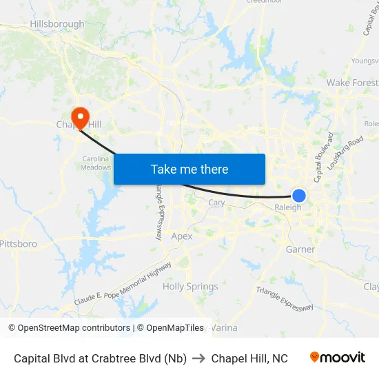 Capital Blvd at Crabtree Blvd (Nb) to Chapel Hill, NC map