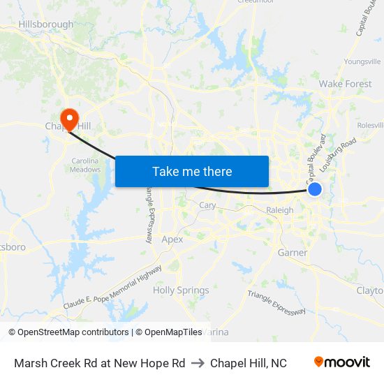 Marsh Creek Rd at New Hope Rd to Chapel Hill, NC map