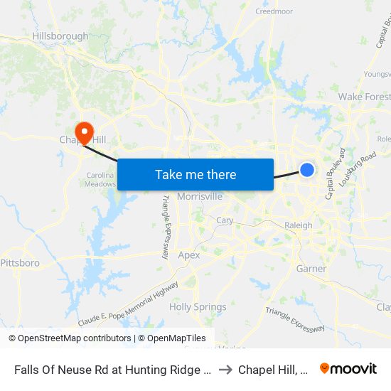 Falls Of Neuse Rd at Hunting Ridge Rd to Chapel Hill, NC map