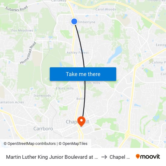 Martin Luther King Junior Boulevard at Westminster Drive to Chapel Hill, NC map