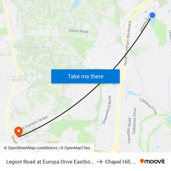 Legion Road at Europa Drive Eastbound to Chapel Hill, NC map