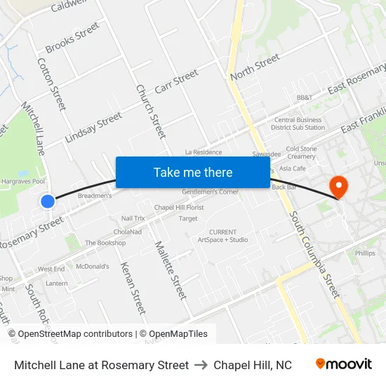 Mitchell Lane at Rosemary Street to Chapel Hill, NC map