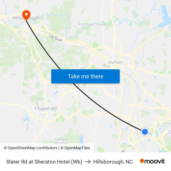 Slater Rd at Sheraton Hotel (Wb) to Hillsborough, NC map