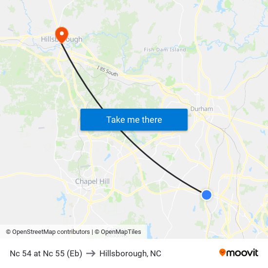 Nc 54 at Nc 55 (Eb) to Hillsborough, NC map