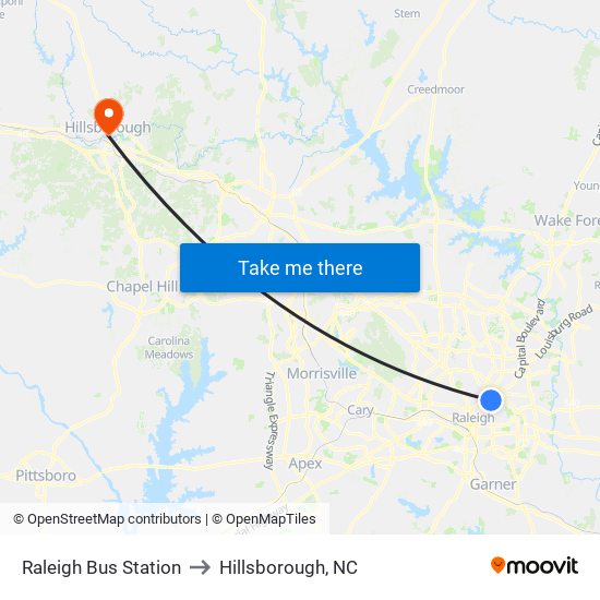 Raleigh Bus Station to Hillsborough, NC map