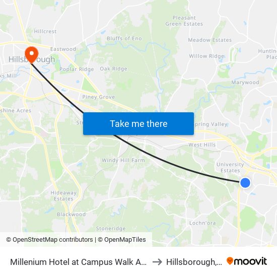 Millenium Hotel at Campus Walk Ave (Eb) to Hillsborough, NC map