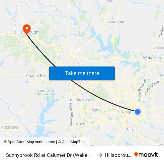 Sunnybrook Rd at Calumet Dr (Wakemed Medical Park) to Hillsborough, NC map