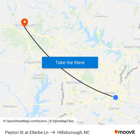 Peyton St at Ellerbe Ln to Hillsborough, NC map