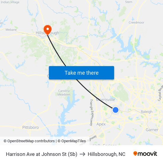 Harrison Ave at Johnson St (Sb) to Hillsborough, NC map